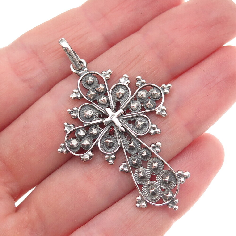 800 Silver Antique Art Deco Italy Cross Oxidized Charm Pendant